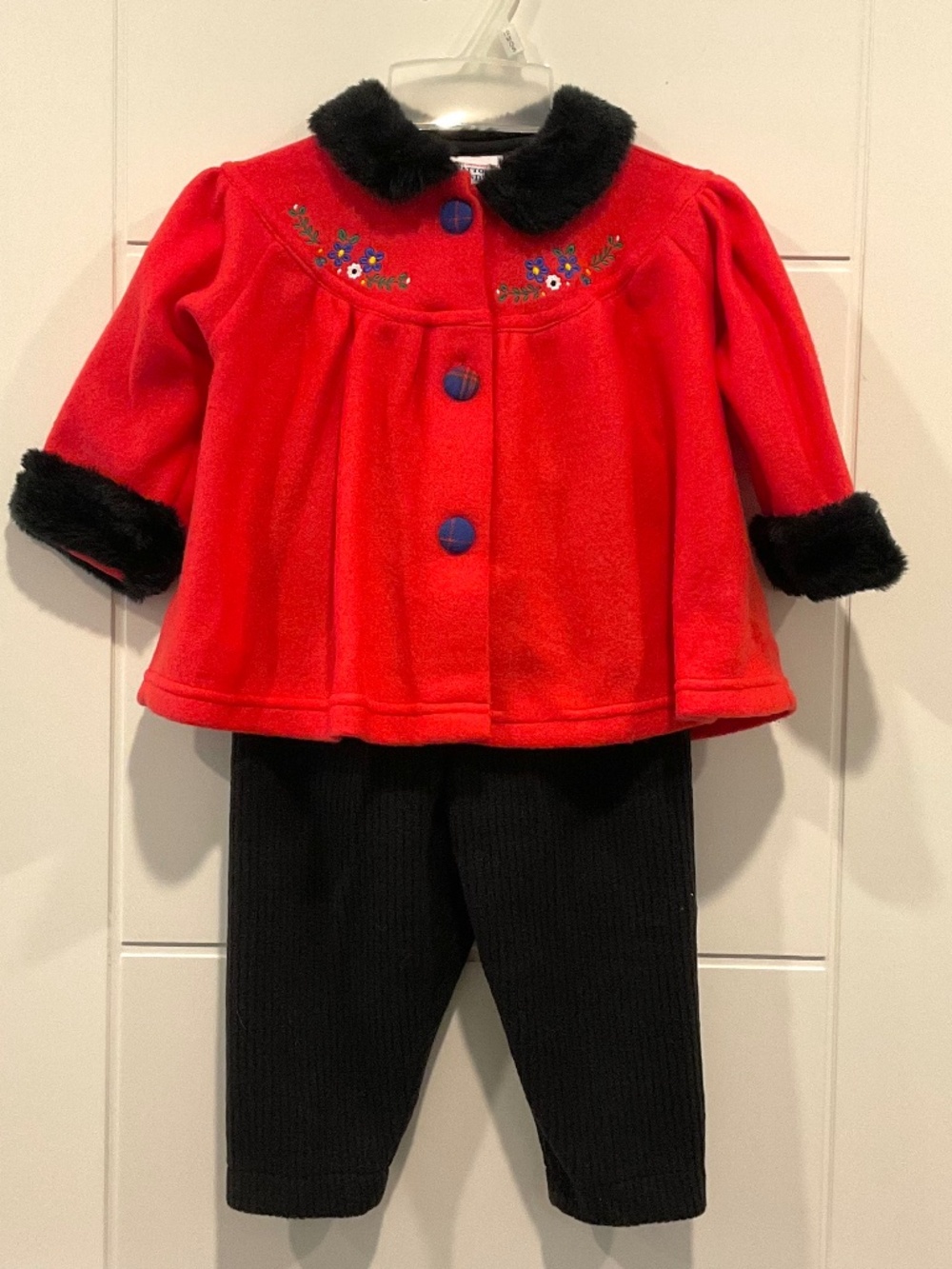Cotton Candy Girl Coat & Pants Set Faux Fur Collar Red Black 12 Month NEW